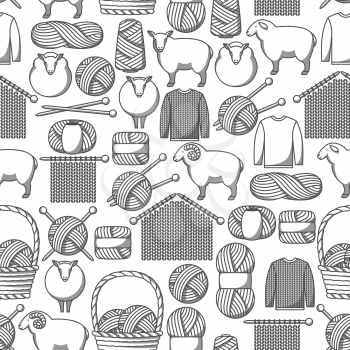 Seamless pattern with wool items. Goods for hand made, knitting or tailor shop.