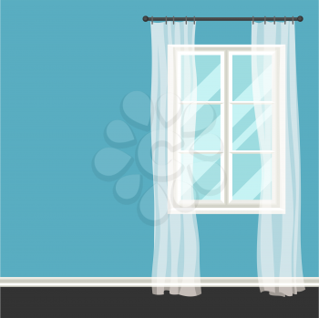 White plastic window with transparent curtains on wall.