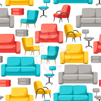 Interior and furniture seamless pattern. Sofa armchair and pouf.