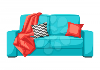 Sofa with plaid and pillow. Interior and furniture illusrtration.