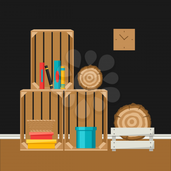 Interior home decor. Wooden boxes. Illustration in flat style.