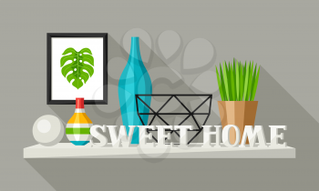 Shelf with home decor. Vase, picture and plant. Illustration in flat style.
