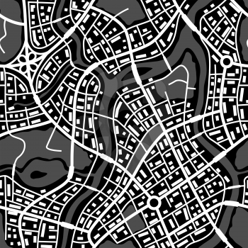 Abstract city map seamless pattern. Black and white illustration of streets, roads and buildings.