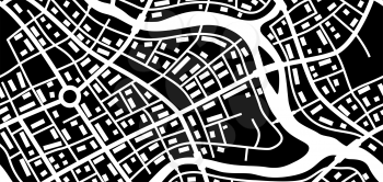 Abstract city map banner. Black and white illustration of streets, roads and buildings.