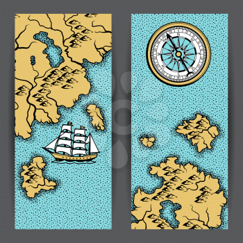 Banners with old nautical map. Islands, ships and vintage retro compass.