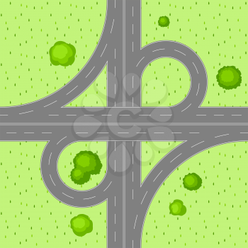 Top view of road junction. Scene with highway and trees in countryside.