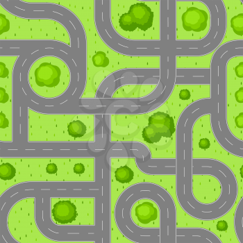 Seamless pattern top view of roads. Crossroads and junctions with trees and grass in countryside.
