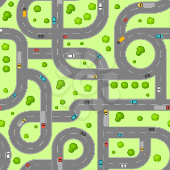 Seamless pattern top view of roads. Crossroads and junctions with cars in countryside.