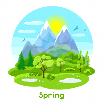Spring landscape with trees, mountains and hills. Seasonal illustration.