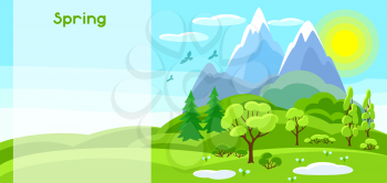 Spring banner with trees, mountains and hills. Seasonal illustration.
