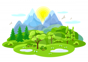 Spring landscape with trees, mountains and hills. Seasonal illustration.
