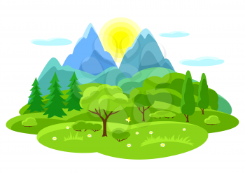Summer landscape with trees, mountains and hills. Seasonal illustration.