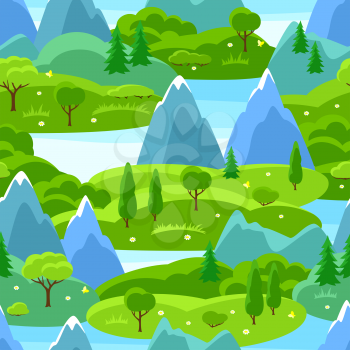 Summer seamless pattern with trees, mountains and hills. Seasonal landscape illustration.
