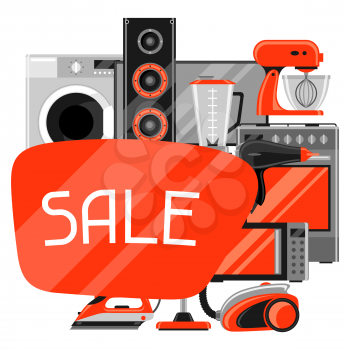 Sale background with home appliances. Household items for shopping and advertising flyer.