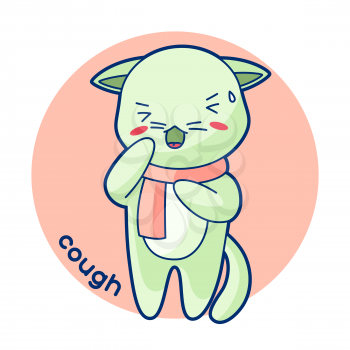 Cough sick cute kitten. Illustration of kawaii cat.
