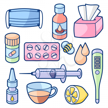 Medicines and medical objects set. Treatment of cold and flu.