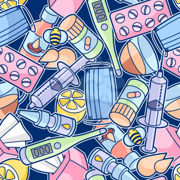 Seamless pattern with medicines and medical objects. Treatment of cold and flu.
