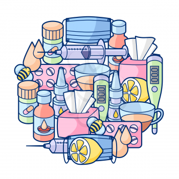 Background with medicines and medical objects. Treatment of cold and flu.