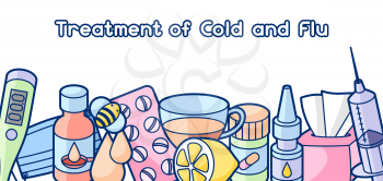 Banner with medicines and medical objects. Treatment of cold and flu.