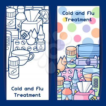 Banners with medicines and medical objects. Treatment of cold and flu.