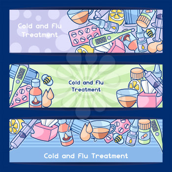 Banners with medicines and medical objects. Treatment of cold and flu.