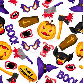 Happy Halloween seamless pattern with cartoon holiday symbols.