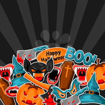 Happy Halloween background with cartoon holiday sticker symbols. Invitation to party or greeting card.