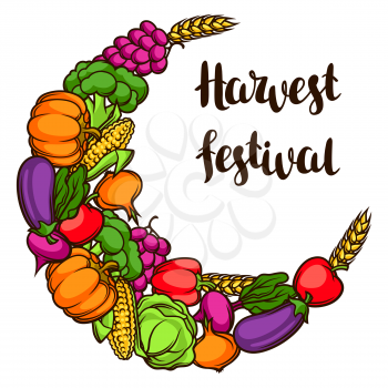 Harvest decorative element. Autumn illustration with ribbon, seasonal fruits and vegetables.
