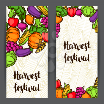 Harvest festival banners. Autumn illustration with seasonal fruits and vegetables.
