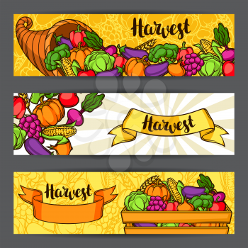 Harvest festival banners. Autumn illustration with seasonal fruits and vegetables.