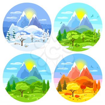 Four seasons landscape. Illustrations with trees, mountains and hills in winter, spring, summer, autumn