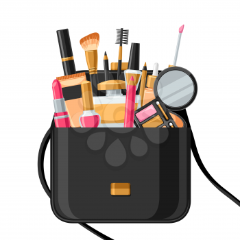 Cosmetics for skincare and makeup in bag. Background for catalog or advertising.