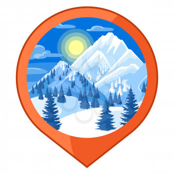 Location mark. Winter landscape with snowy mountains and fir forest.