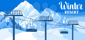 Winter resort illustration. Beautiful landscape with rope way, snowy mountains and fir forest.
