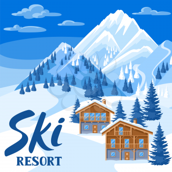 Alpine chalet houses. Winter ski resort illustration. Beautiful landscape with snowy mountains and fir forest.