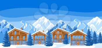 Alpine chalet houses. Winter resort illustration. Beautiful landscape with snowy mountains and fir forest.