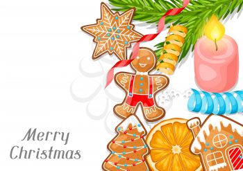 Merry Christmas greeting card with various gingerbreads.