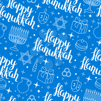 Happy Hanukkah celebration seamless pattern with holiday objects.