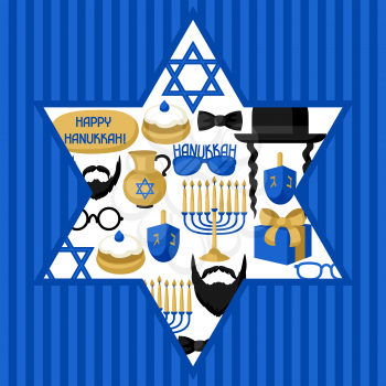 Happy Hanukkah card with photo booth stickers. Accessories for festival and party.