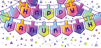 Happy Hanukkah celebration banner with holiday objects.
