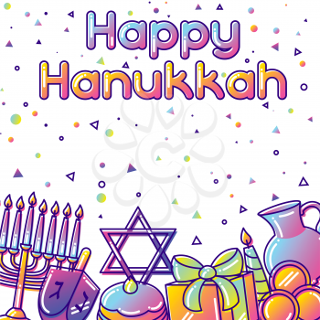 Happy Hanukkah greeting card with holiday objects.