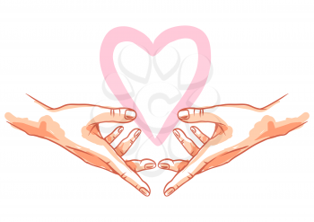Two hands holds heart. Illustration of helping each other, care and protection.