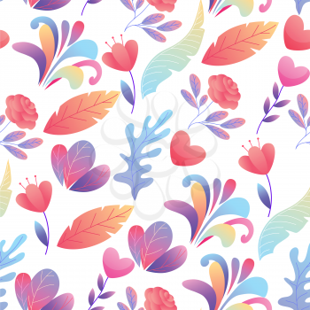 Seamless pattern with romantic flowers. Valentine Day background. Beautiful decorative plants and hearts.