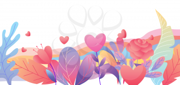 Valentine Day banner. Background with romantic flowers and hearts. Beautiful decorative plants.
