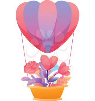 Happy Valentine Day greeting card. Background with hot air balloon and flowers.