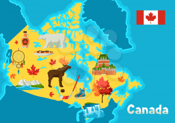 Illustration of Canada map. Canadian traditional symbols and attractions.