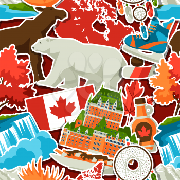 Canada sticker seamless pattern. Canadian traditional symbols and attractions.