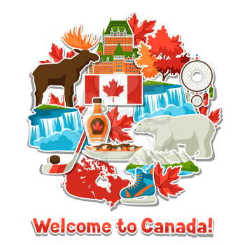 Canada sticker background design. Canadian traditional symbols and attractions.