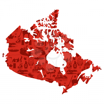 Illustration of Canada map. Canadian traditional symbols and attractions.