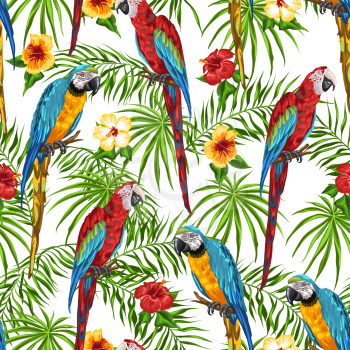 Tropical seamless pattern with parrots. Palm leaves, hibiscus flowers and exotic birds.